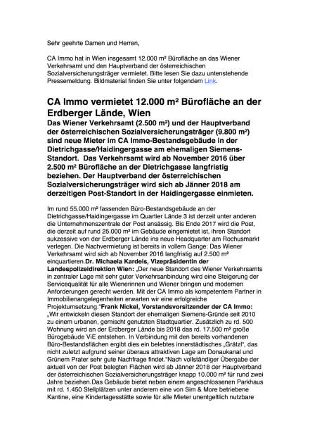 CA Immo vermietet 12.000 m² Bürofläche an der Erdberger Lände, Seite 1/2, komplettes Dokument unter http://boerse-social.com/static/uploads/file_1833_ca_immo_vermietet_12000_m²_buroflache_an_der_erdberger_lande.pdf (27.09.2016) 