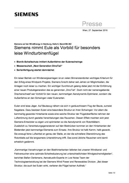Siemens nimmt Eule als Vorbild für besonders leise Windturbinenflügel, Seite 1/2, komplettes Dokument unter http://boerse-social.com/static/uploads/file_1836_siemens_nimmt_eule_als_vorbild_fur_besonders_leise_windturbinenflugel.pdf (27.09.2016) 