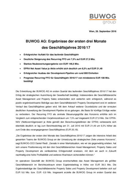 Buwog - Ergebnisse der ersten drei Monate des Geschäftsjahres 2016/17, Seite 1/4, komplettes Dokument unter http://boerse-social.com/static/uploads/file_1839_buwog_-_ergebnisse_der_ersten_drei_monate_des_geschaftsjahres_201617.pdf (28.09.2016) 