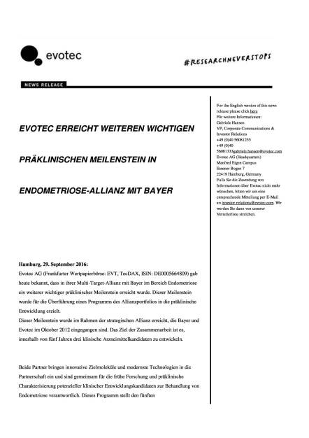Evotec: Meilenstein in Endometriose-Allianz mit Bayer, Seite 1/3, komplettes Dokument unter http://boerse-social.com/static/uploads/file_1844_evotec_meilenstein_in_endometriose-allianz_mit_bayer.pdf (29.09.2016) 