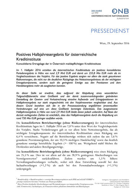 OeNB: Positives Halbjahresergebnis für österreichische Kreditinstitute, Seite 1/2, komplettes Dokument unter http://boerse-social.com/static/uploads/file_1850_oenb_positives_halbjahresergebnis_fur_osterreichische_kreditinstitute.pdf (29.09.2016) 