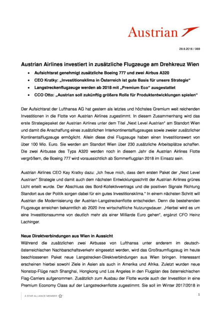 Austrian Airlines investiert in zusätzliche Flugzeuge am Drehkreuz Wien, Seite 1/4, komplettes Dokument unter http://boerse-social.com/static/uploads/file_1853_austrian_airlines_investiert_in_zusatzliche_flugzeuge_am_drehkreuz_wien.pdf (29.09.2016) 