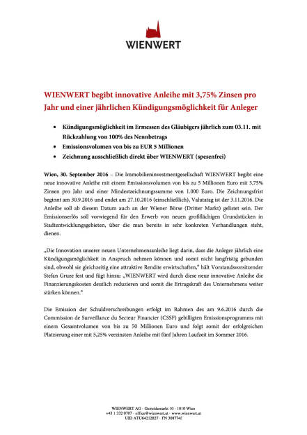 Wienwert: Neue Anleihe, Seite 1/2, komplettes Dokument unter http://boerse-social.com/static/uploads/file_1859_wienwert_neue_anleihe.pdf (30.09.2016) 