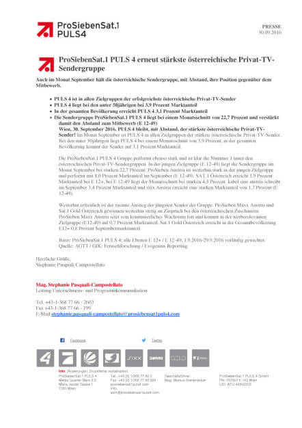 ProSiebenSat.1 Puls 4: Stärkste österreichische Privat-TV-Sendergruppe, Seite 1/1, komplettes Dokument unter http://boerse-social.com/static/uploads/file_1866_prosiebensat1_puls_4_starkste_osterreichische_privat-tv-sendergruppe.pdf (30.09.2016) 