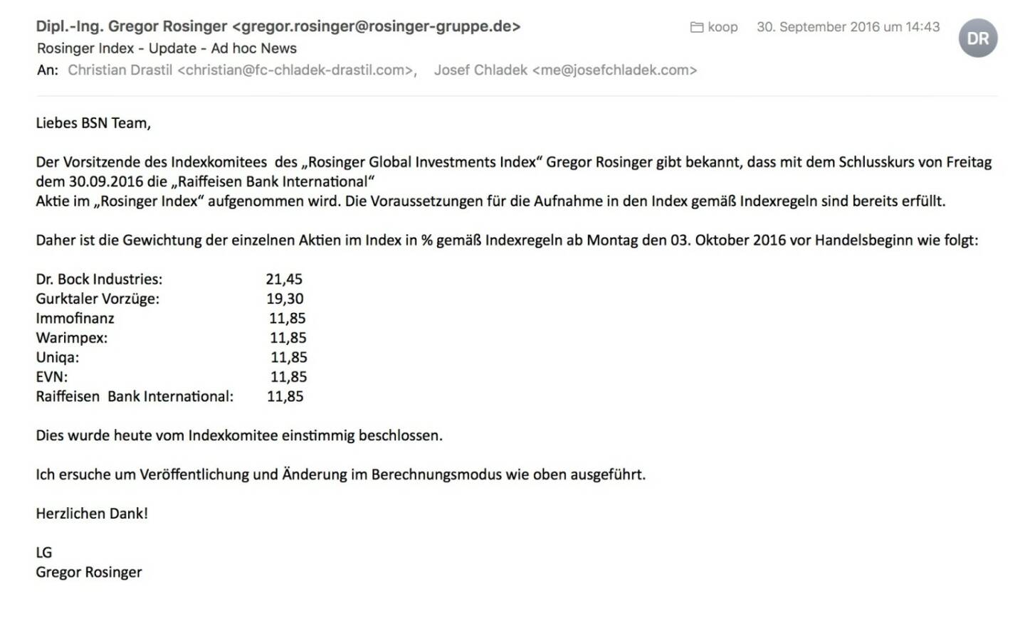 Indexevent Rosinger-Index 15: Aufnahme RBI per Schlusskurse 30.9.