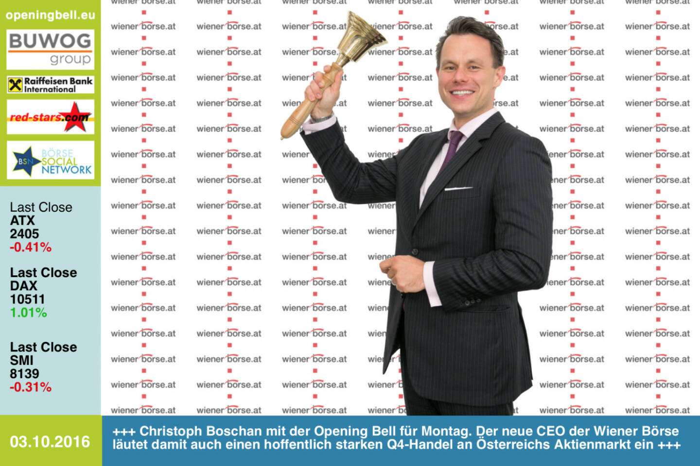 #openingbell am 3.10.: Christoph Boschan mit der Opening Bell für Montag. Der neue CEO der Wiener Börse läutet damit auch einen hoffentlich starken Q4-Handel an Österreichs Aktienmarkt ein http://www.wienerborse.at http://www.openingbell.eu