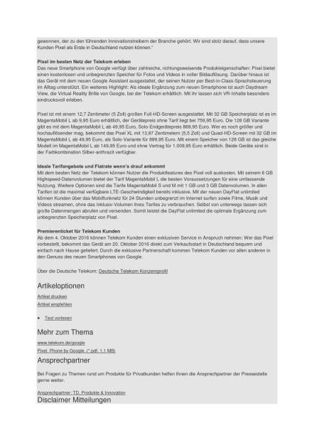 Deutsche Telekom: Pixel, das neue Smartphone von Google, Seite 2/3, komplettes Dokument unter http://boerse-social.com/static/uploads/file_1872_deutsche_telekom_pixel_das_neue_smartphone_von_google.pdf (05.10.2016) 