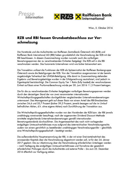 RZB und RBI fassen Grundsatzbeschluss zur Verschmelzung, Seite 1/2, komplettes Dokument unter http://boerse-social.com/static/uploads/file_1875_rzb_und_rbi_fassen_grundsatzbeschluss_zur_verschmelzung.pdf (05.10.2016) 