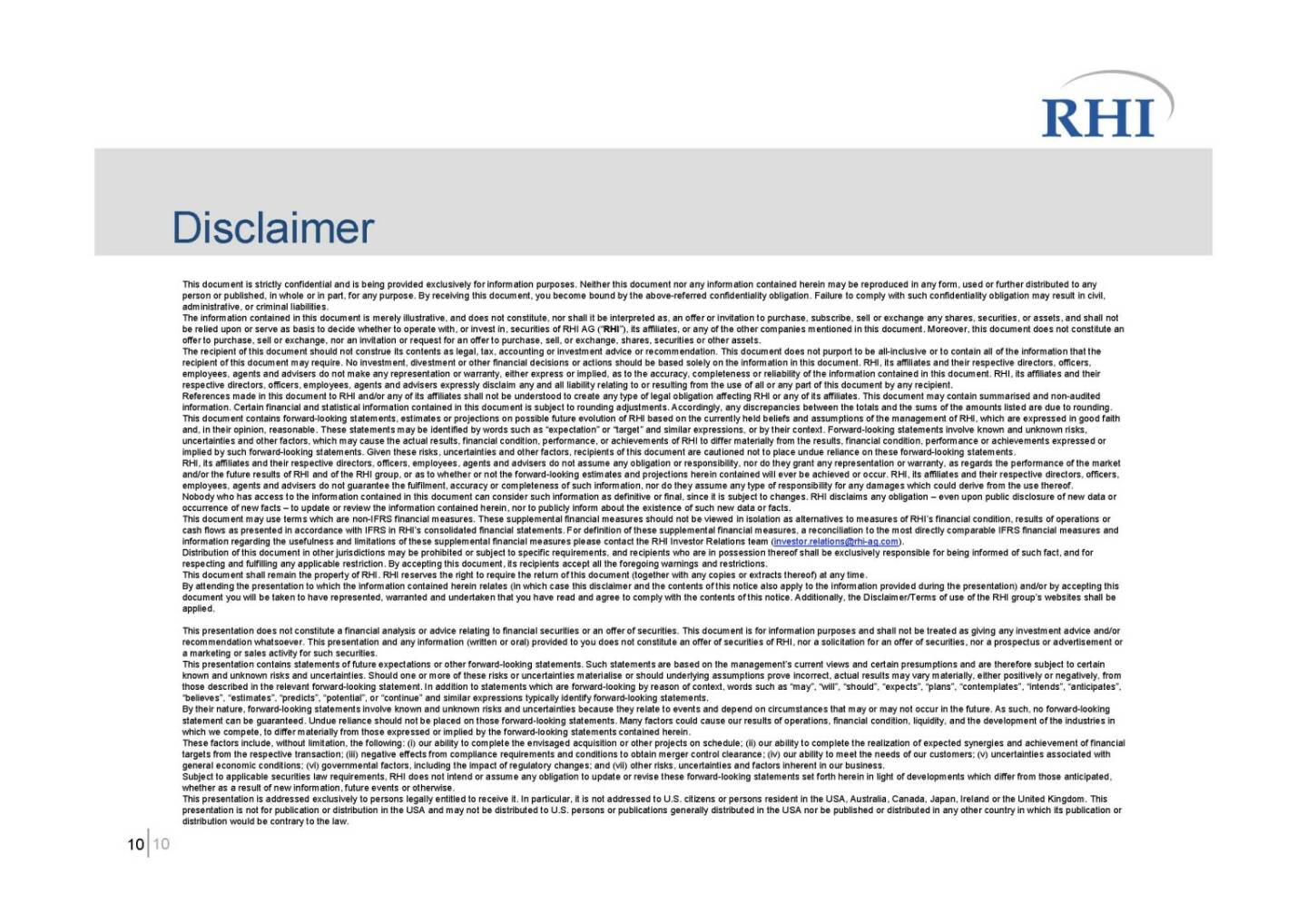 RHI - Disclaimer