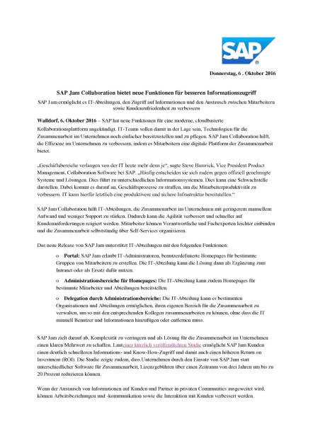 SAP Jam Collaboration: Neue Funktionen für besseren Informationszugriff, Seite 1/2, komplettes Dokument unter http://boerse-social.com/static/uploads/file_1877_sap_jam_collaboration_neue_funktionen_fur_besseren_informationszugriff.pdf (06.10.2016) 