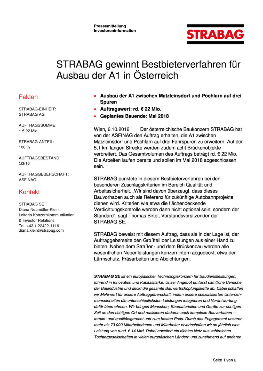Strabag gewinnt Bestbieterverfahren für Ausbau der A1 in Österreich, Seite 1/2, komplettes Dokument unter http://boerse-social.com/static/uploads/file_1878_strabag_gewinnt_bestbieterverfahren_fur_ausbau_der_a1_in_osterreich.pdf