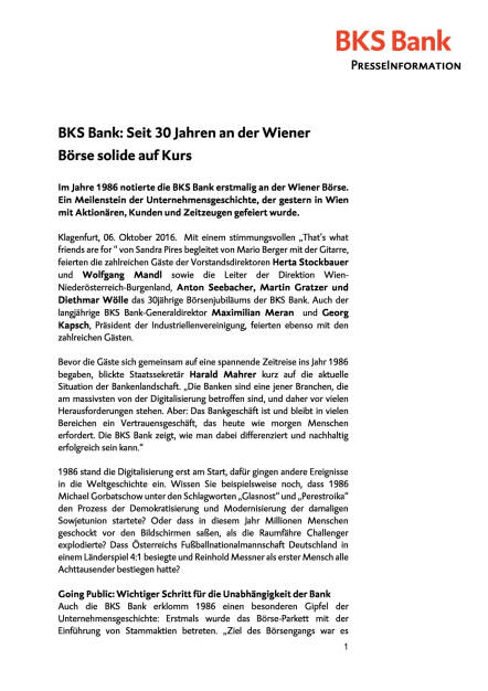 BKS Bank feiert 30jähriges Börsejubiläum, Seite 1/4, komplettes Dokument unter http://boerse-social.com/static/uploads/file_1879_bks_bank_feiert_30jahriges_borsejubilaum.pdf (06.10.2016) 