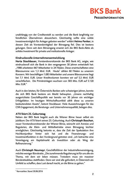 BKS Bank feiert 30jähriges Börsejubiläum, Seite 2/4, komplettes Dokument unter http://boerse-social.com/static/uploads/file_1879_bks_bank_feiert_30jahriges_borsejubilaum.pdf (06.10.2016) 