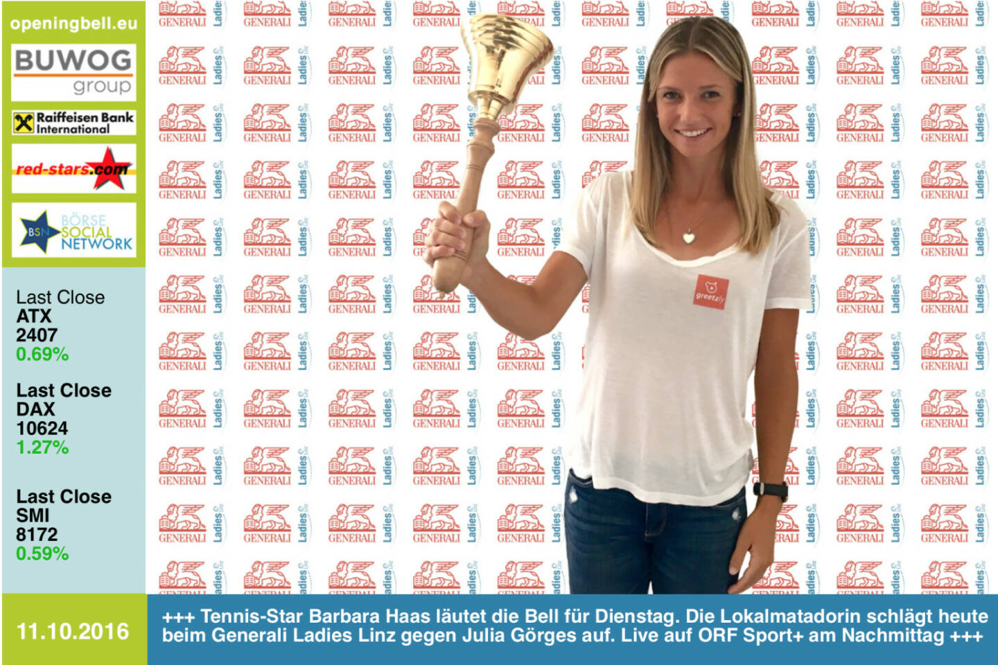 #openingbell am 11.10.: Tennis-Star Barbara Haas läutet die Opening Bell für Dienstag. Die Lokalmatadorin schlägt heute beim Generali Ladies Linz gegen Julia Görges auf. Live auf ORF Sport+ am Nachmittag http://www.generali-ladies.at/ http://tv.orf.at/program/orfsportplus/ https://www.facebook.com/barbarahaastennis/ http://www.openingbell.eu 