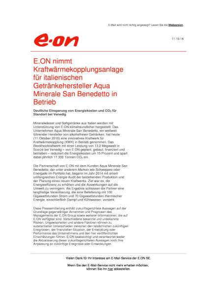 E.ON: Kraftwärmekopplungsanlage für Getränkehersteller Aqua Minerale San Benedetto , Seite 1/1, komplettes Dokument unter http://boerse-social.com/static/uploads/file_1892_eon_kraftwarmekopplungsanlage_fur_getrankehersteller_aqua_minerale_san_benedetto.pdf (11.10.2016) 