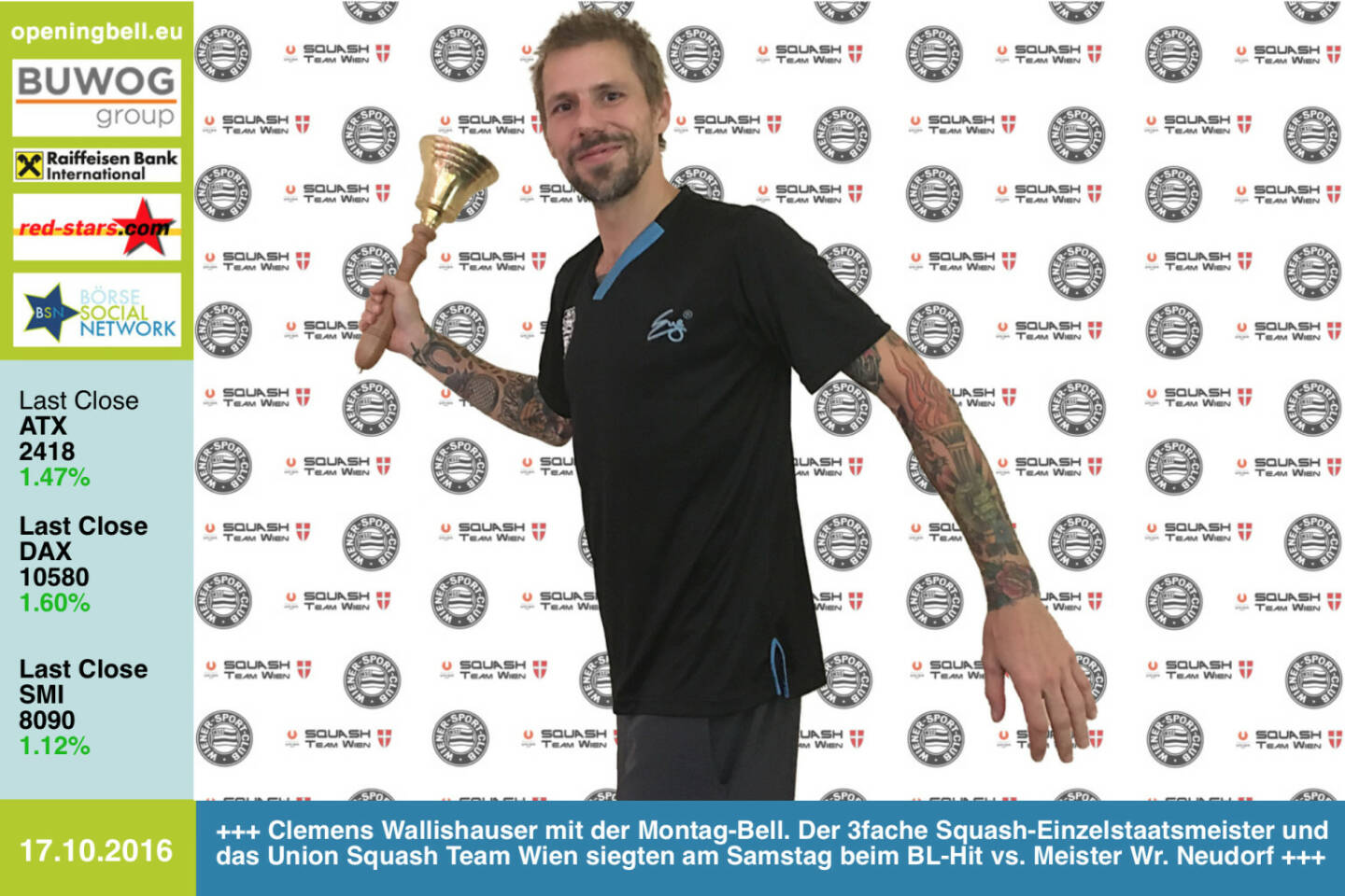 #openingbell am 17.10.: Clemens Wallishauser läutet die Opening Bell für Montag. Der 3fache Squash-Einzelstaatsmeister und das Union Squash Team Wien siegten am Samstag beim Bundesliga-Hit gegen den  Rekordmeister (und amtierenden Meister) Wr. Neudorf http://wsc.at/wp/ http://www.wienersportklub.at/verein/dornbach-networks http://www.dornbachnetworks.at/sportlerinnen/wsc-squashsektion http://www.c19-team.at/ http://www.openingbell.eu http://www.wsrv.at/ http://www.squash.or.at/ 