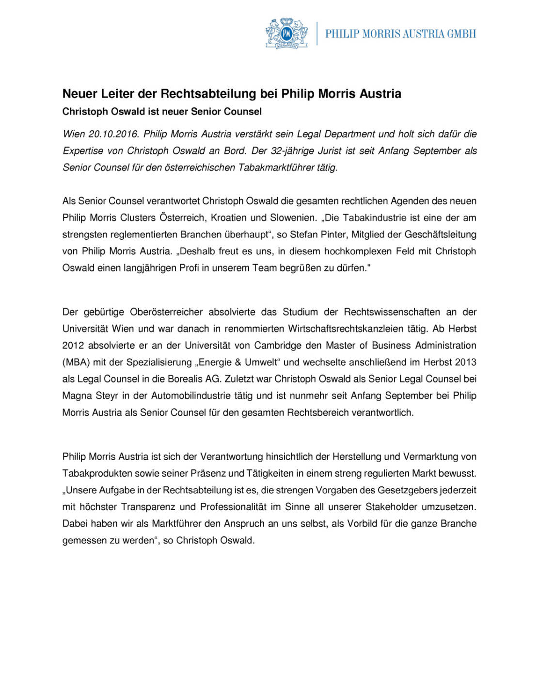 Philip Morris Austria: Christoph Oswald ist neuer Leiter der Rechtsabteilung, Seite 1/2, komplettes Dokument unter http://boerse-social.com/static/uploads/file_1916_philip_morris_austria_christoph_oswald_ist_neuer_leiter_der_rechtsabteilung.pdf