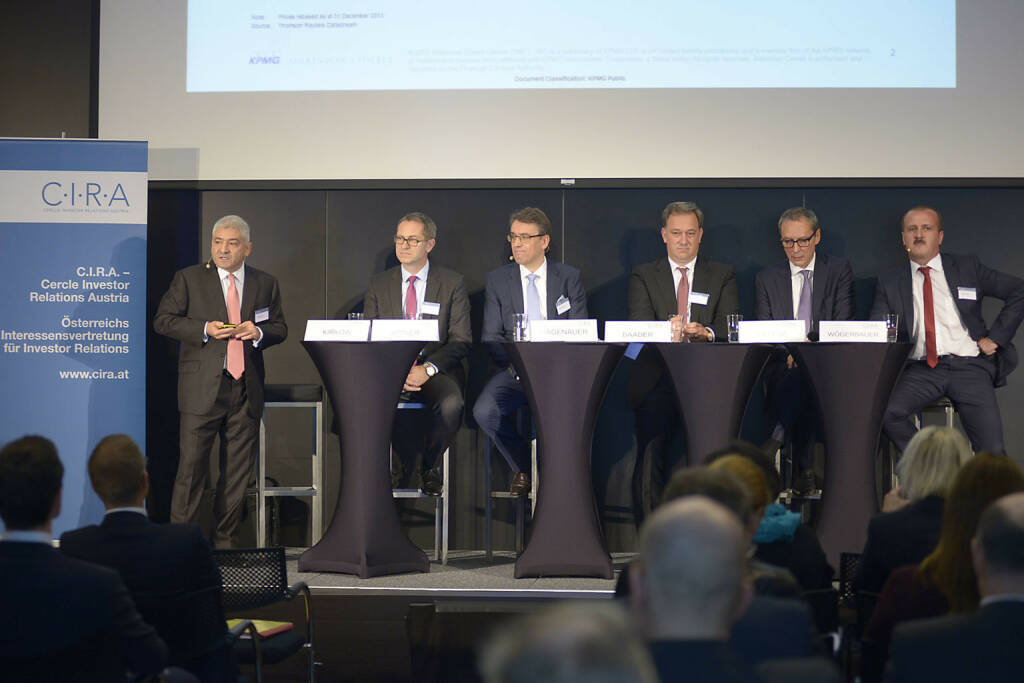 Peter Kirkow (KPMG Makinson Cowell), Günther Artner (Erste Group Bank AG), Harald Hagenauer (Österr. Post), Nico Baader (Baader Bank AG), Willi Celeda (Raiffeisen Centrobank AG), Alois Wögerbauer (3 Banken-Generali Investment-Gesellschaft m.b.H.), © C.I.R.A./APA-Fotoservice/Bargad Fotograf/in: Nadine Bargad (23.10.2016) 