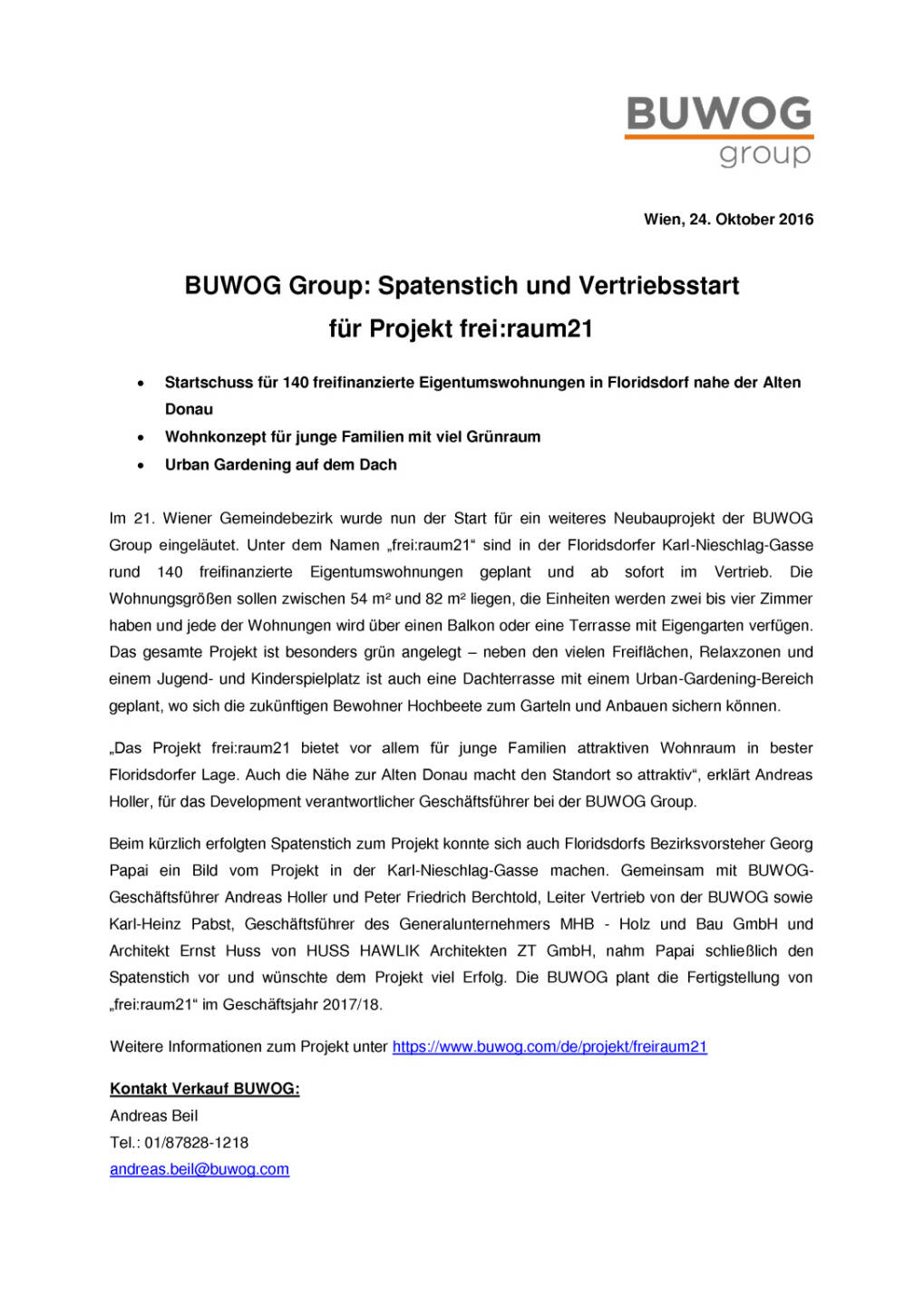 Buwog Group: Spatenstich und Vertriebsstart Karl-Nieschlag-Gasse, Seite 1/2, komplettes Dokument unter http://boerse-social.com/static/uploads/file_1925_buwog_group_spatenstich_und_vertriebsstart_karl-nieschlag-gasse.pdf