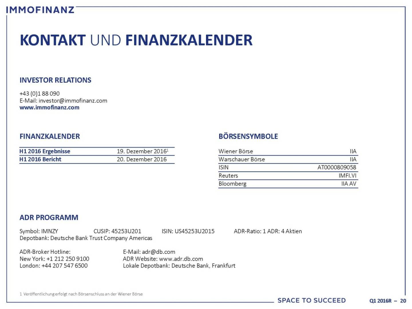 Immofinanz - Kontakt, Finanzkalender