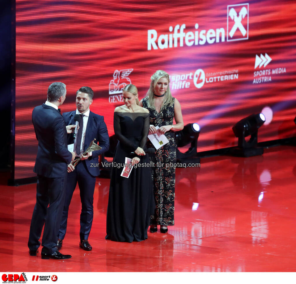 Marcel Hirscher (AUT), presenter Mirjam Weichselbraun and Mikaela Shiffrin (USA) Photo: GEPA pictures/ Walter Luger (28.10.2016) 