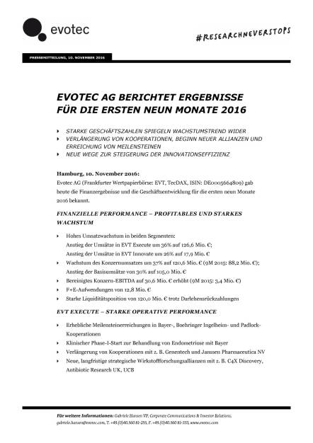 Evotec AG berichtet Ergebnisse für die ersten neun Monate 2016, Seite 1/8, komplettes Dokument unter http://boerse-social.com/static/uploads/file_1967_evotec_ag_berichtet_ergebnisse_fur_die_ersten_neun_monate_2016.pdf (10.11.2016) 