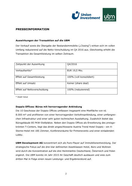 UBM verkauft Wiener Bestandsimmobilie Doppio Offices, Seite 2/3, komplettes Dokument unter http://boerse-social.com/static/uploads/file_1968_ubm_verkauft_wiener_bestandsimmobilie_doppio_offices.pdf (10.11.2016) 