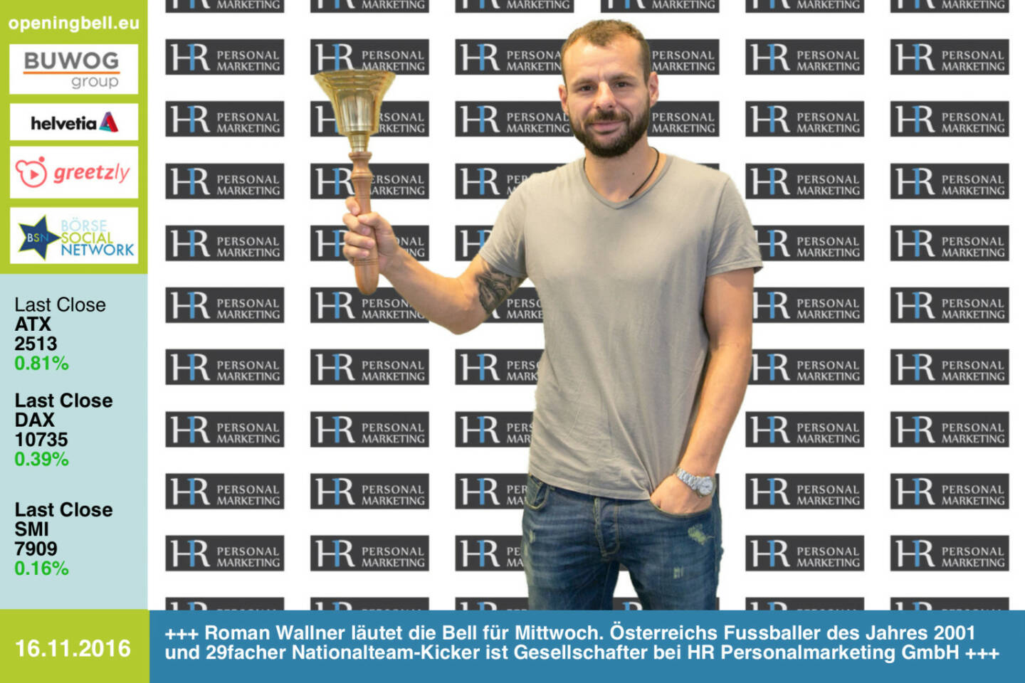 #openingbell am 16.11.: Roman Wallner läutet die Opening Bell für Mittwoch. Österreichs Fussballer des Jahres 2001 und 29facher Nationalteam-Kicker ist Gesellschafter bei HR Personalmarketing GmbH http://www.hr-personalmarketing.at/ http://www.openingbell.eu