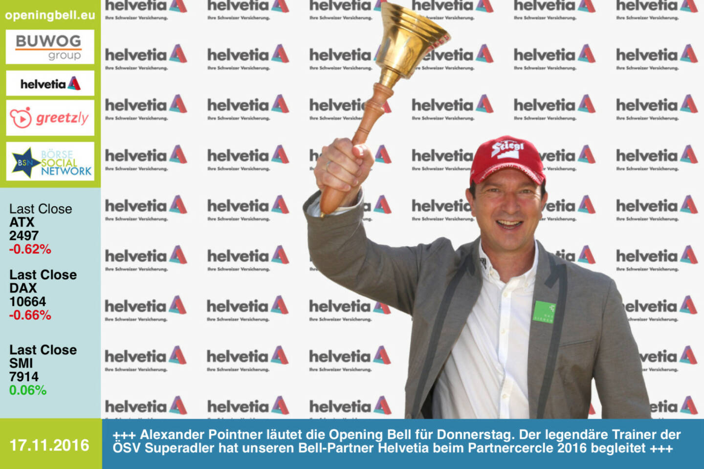 #openingbell am 17.11.: Alexander Pointner läutet die Opening Bell für Donnerstag. Der legendäre Trainer der ÖSV Superadler hat unseren Bell-Partner Helvetia beim Partnercercle 2016 begleitet http://www.helvetia.at