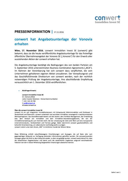 conwert hat Angebotsunterlage der Vonovia erhalten, Seite 1/1, komplettes Dokument unter http://boerse-social.com/static/uploads/file_1982_conwert_hat_angebotsunterlage_der_vonovia_erhalten.pdf (17.11.2016) 