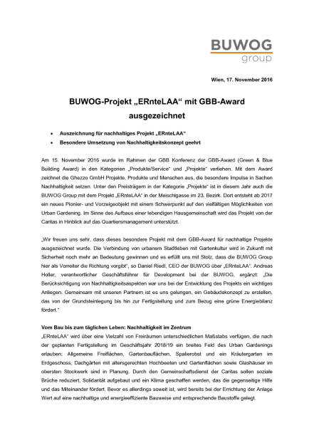 Buwog-Projekt „ERnteLAA“ mit GBB-Award ausgezeichnet, Seite 1/2, komplettes Dokument unter http://boerse-social.com/static/uploads/file_1983_buwog-projekt_erntelaa_mit_gbb-award_ausgezeichnet.pdf (17.11.2016) 