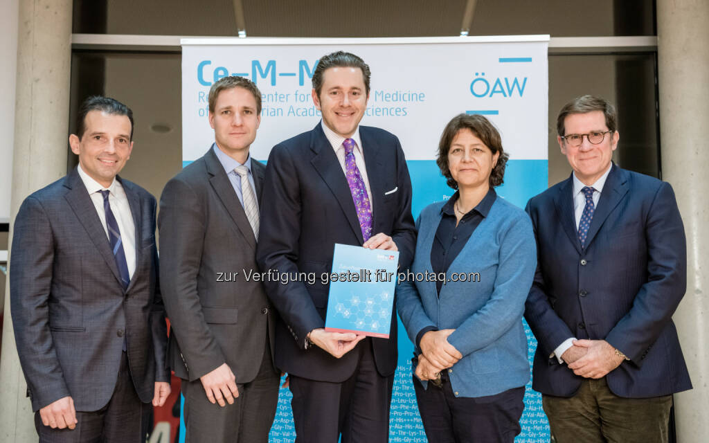 George Zarkalis, Country President Austria Novartis Pharma, Gottfried Haber, Donauuniversität Krems Staatssekretär, Harald Mahrer; Sylvia Knapp, MedUni Wien und Direktorin für Medizinische Angelegenheiten des CeMM; Giulio Superti-Furga, Wissenschaftlicher Direktor des CeMM: Bundesministerium für Wissenschaft, Forschung und Wirtschaft: Mahrer präsentiert Life Sciences-Strategie für Österreich (C) BMWFW/Klaus Ranger, © Aussender (24.11.2016) 