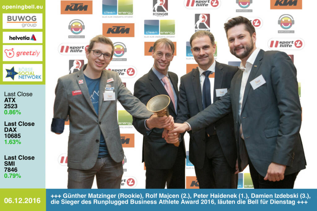 #openingbell am 6.12.: Günther Matzinger (Rookie), Rolf Majcen (2.), Peter Haidenek (1.) und Damian Izdebski (3.), die Sieger des Runplugged Business Athlete Award 2016, läuten die Bell für Dienstag http://www.runplugged.com/baa http://runplugged.com/2016/12/06/business_athlete_award_2016_peter_haidenek_siegt#bild_59130  (06.12.2016) 