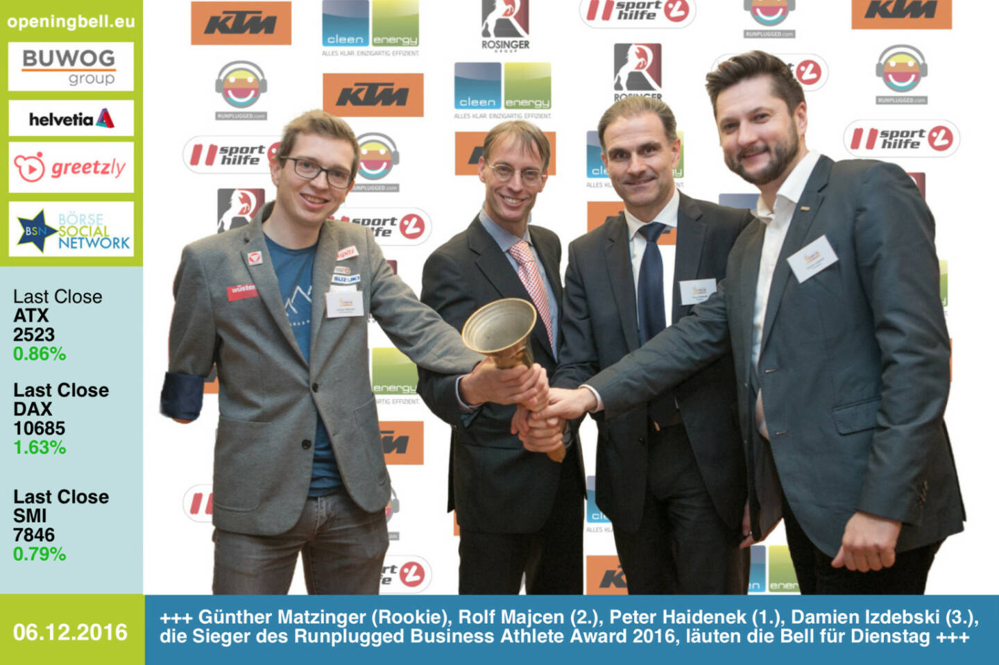 #openingbell am 6.12.: Günther Matzinger (Rookie), Rolf Majcen (2.), Peter Haidenek (1.) und Damian Izdebski (3.), die Sieger des Runplugged Business Athlete Award 2016, läuten die Bell für Dienstag http://www.runplugged.com/baa http://runplugged.com/2016/12/06/business_athlete_award_2016_peter_haidenek_siegt#bild_59130 
