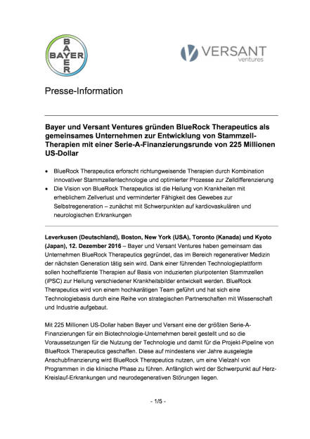 Bayer und Versant Ventures gründen Unternehmen, Seite 1/5, komplettes Dokument unter http://boerse-social.com/static/uploads/file_2013_bayer_und_versant_ventures_grunden_unternehmen.pdf (12.12.2016) 