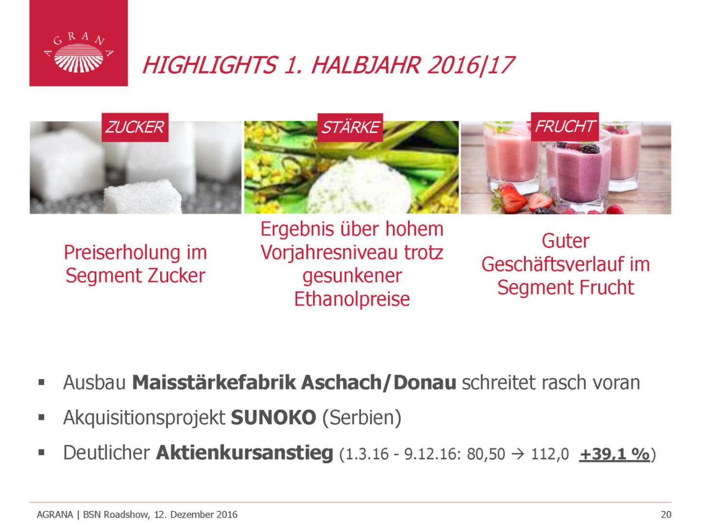 Agrana - Highlights im 1. Halbjahr 2016/17
