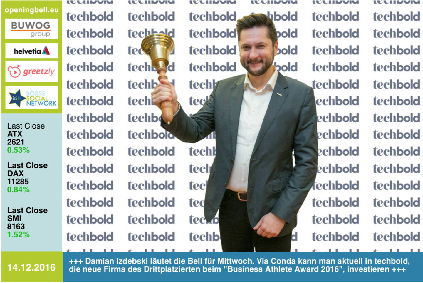 #openingbell am 14.12.: Damian Izdebski läutet die Opening Bell für Mittwoch. Via Conda kann man aktuell in techbold, die neue Firma des Drittplatzierten beim Business Athlete  Award 2016, investieren https://www.conda.at/startup/techbold/ https://www.techbold.at http://www.runplugged.com/baa