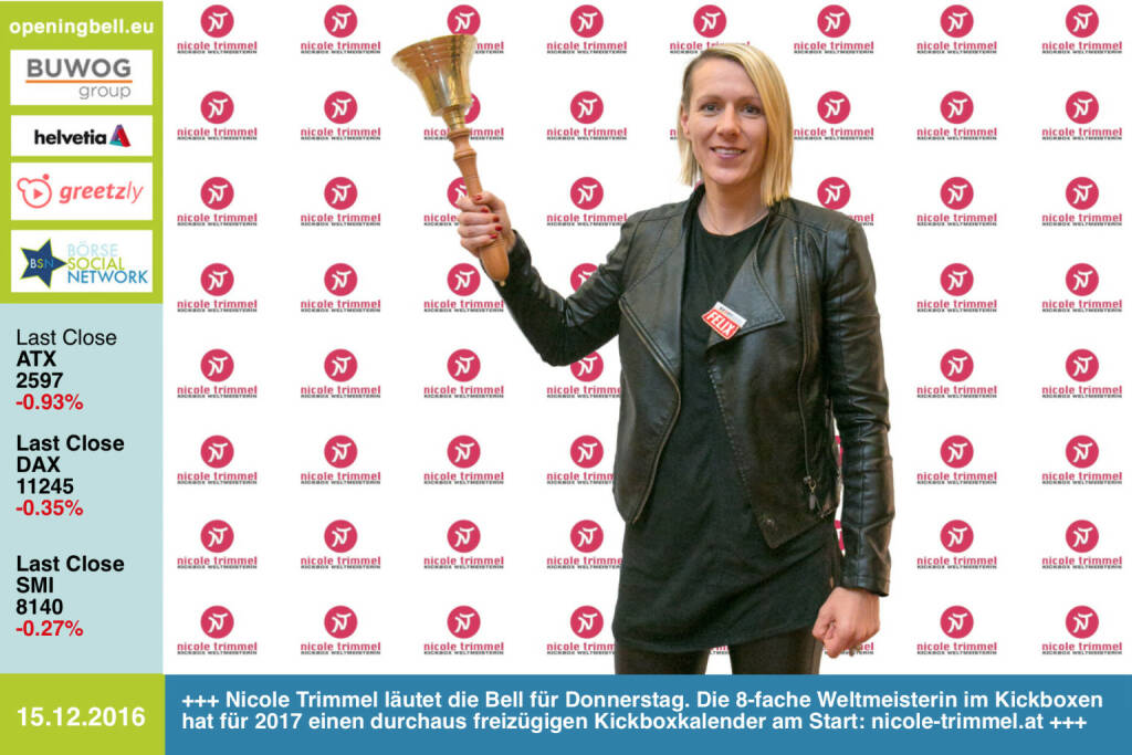 #openingbell am 15.12.: Nicole Trimmel läutet die Opening Bell für Donnerstag. Die 8-fache Weltmeisterin im Kickboxen hat für 2017 einen durchaus freizügigen Kickboxkalender am Start. Zu bestellen unter http://www.nicole-trimmel.at https://www.facebook.com/groups/Sportsblogged  (15.12.2016) 