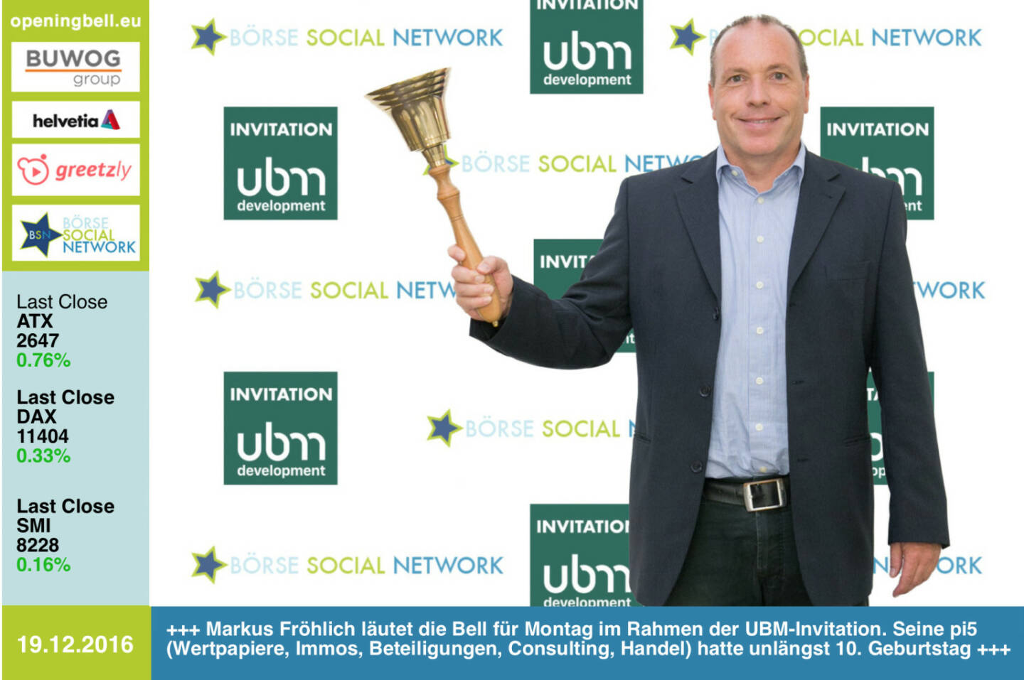 #openingbell am 19.12.:  Markus Fröhlich läutet die Opening Bell für Montag im Rahmen der  UBM-Invitation. Seine pi5 (Wertpapiere, Immos, Beteiligungen, Consulting, Handel) hatte unlängst 10. Geburtstag  http://www.pi5.at http://www.ubm.at https://www.facebook.com/groups/GeldanlageNetwork/ 