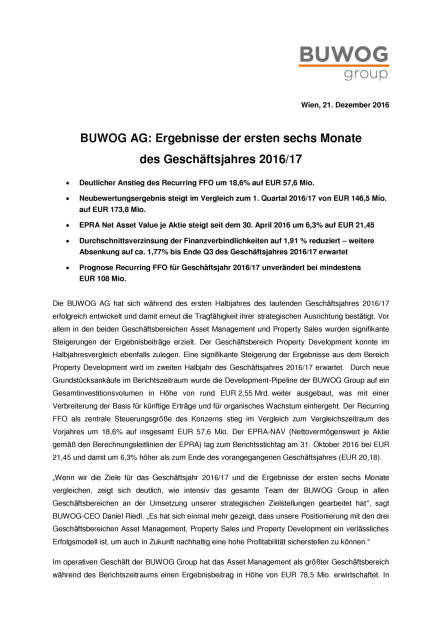 Buwog: Die Zahlen zum Halbjahr, Seite 1/5, komplettes Dokument unter http://boerse-social.com/static/uploads/file_2034_buwog_halbjahr.pdf (21.12.2016) 