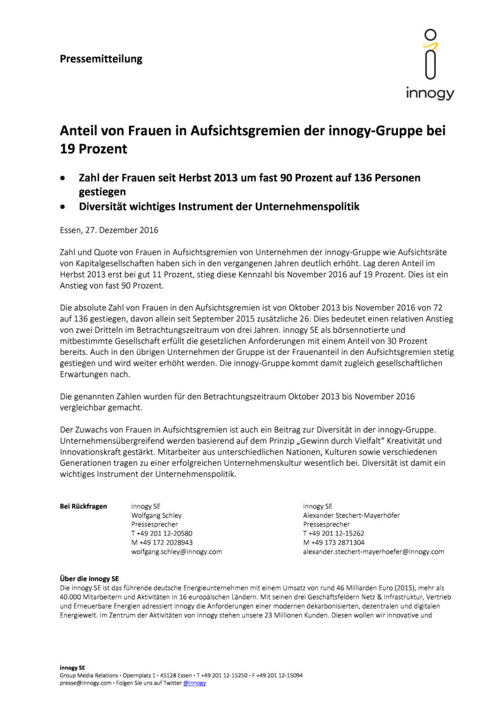 Anteil von Frauen in Aufsichtsgremien der innogy‐Gruppe bei 19 Prozent, Seite 1/2, komplettes Dokument unter http://boerse-social.com/static/uploads/file_2042_anteil_von_frauen_in_aufsichtsgremien_der_innogygruppe_bei_19_prozent.pdf