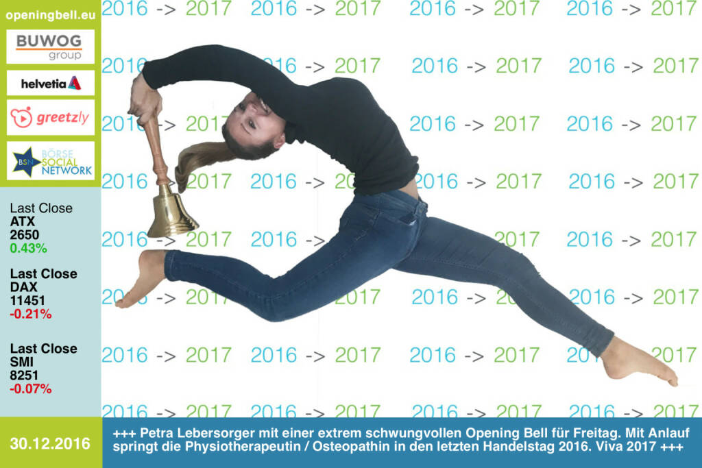 #openingbell am 30.12.: Petra Lebersorger mit einer extrem schwungvollen Opening Bell für Freitag. Mit Anlauf springt die Physiotherapeutin und Osteopathin in den letzten Handelstag 2016. Viva 2017. Ein Foto von ihr ist für den Sportschnappschuss des Jahres 2016 eingereicht. Siehe http://www.photaq.com/page/index/2910 http://www.physiotherapie-petra.at https://www.facebook.com/groups/Sportsblogged  (30.12.2016) 