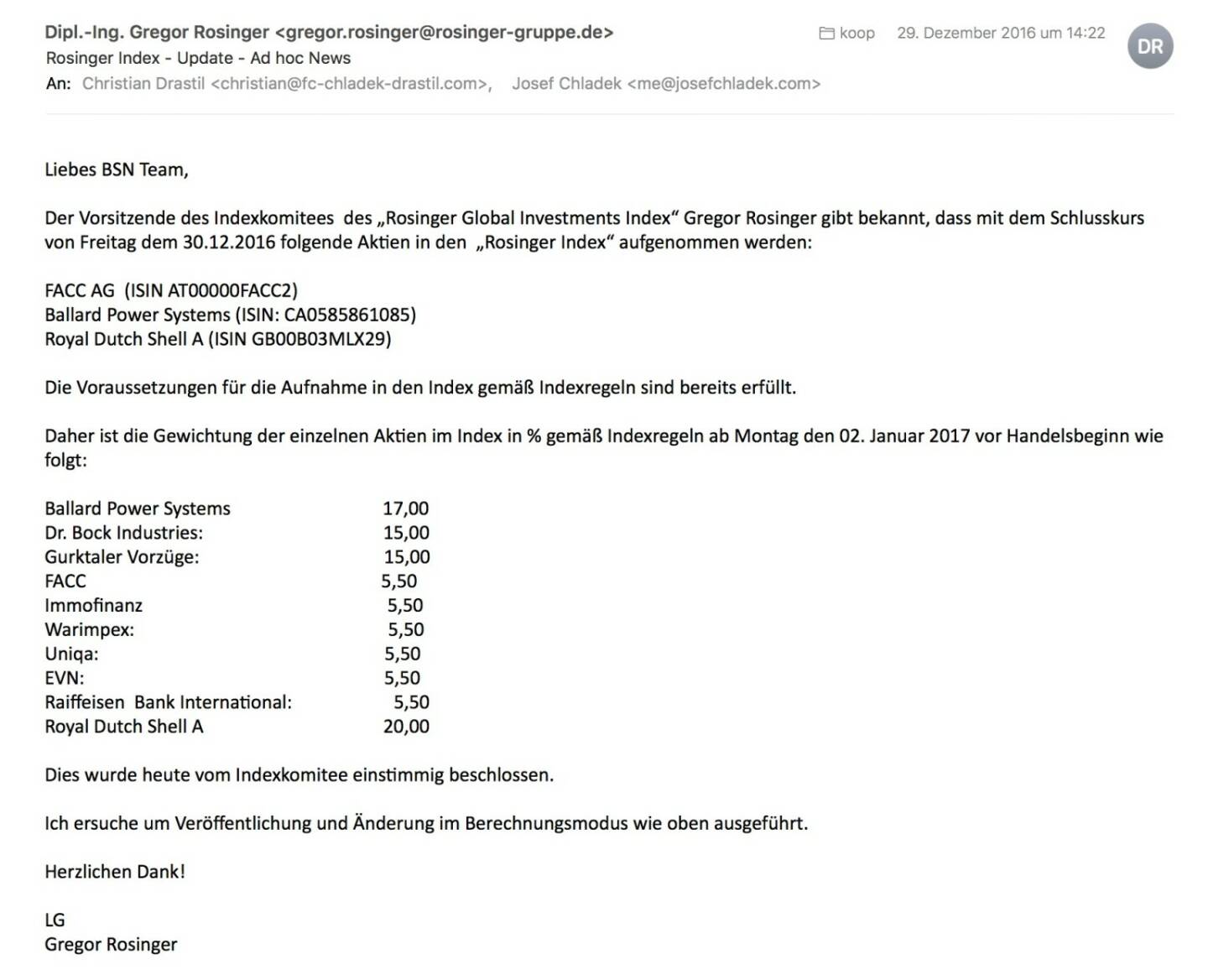 Indexevent Rosinger-Index 16: Aufnahme FACC, Ballard Power Systems und Royal Dutch Shell A per Schlusskurse 30.12.2016