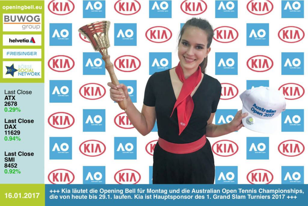 #openingbell am 16.1.: Kia läutet die Opening Bell für Montag und die Australian Open Tennis Championships, die von heute bis 29.1. laufen. Der Autohersteller ist Hauptsponsor des 1. Grand Slam Turniers 2017 http://www.kia.com/at/ http://www.ausopen.com/ https://www.facebook.com/groups/Sportsblogged  (16.01.2017) 