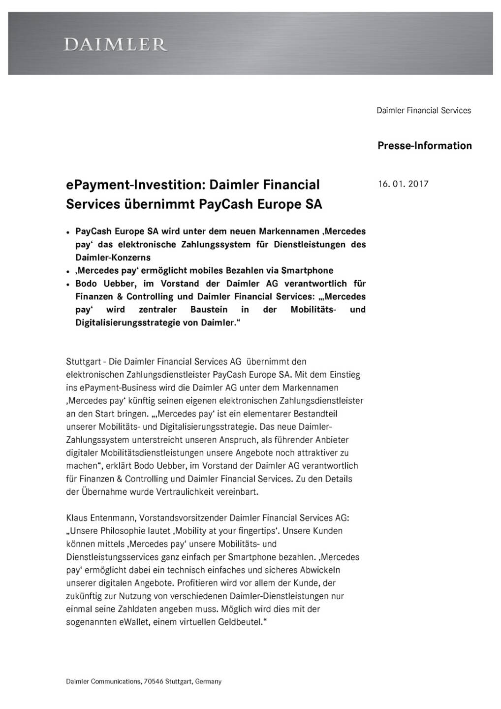 Daimler Financial Services übernimmt PayCash Europe SA, Seite 1/2, komplettes Dokument unter http://boerse-social.com/static/uploads/file_2061_daimler_financial_services_ubernimmt_paycash_europe_sa.pdf