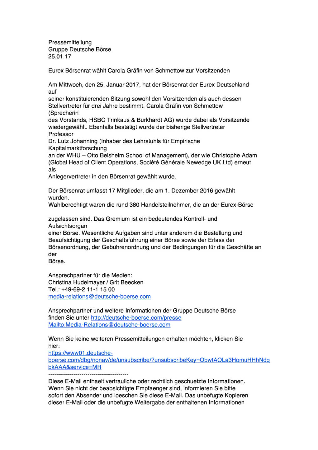 Eurex Börsenrat wählt Carola Gräfin von Schmettow zur Vorsitzenden, Seite 1/2, komplettes Dokument unter http://boerse-social.com/static/uploads/file_2075_eurex_borsenrat_wahlt_carola_grafin_von_schmettow_zur_vorsitzenden.pdf