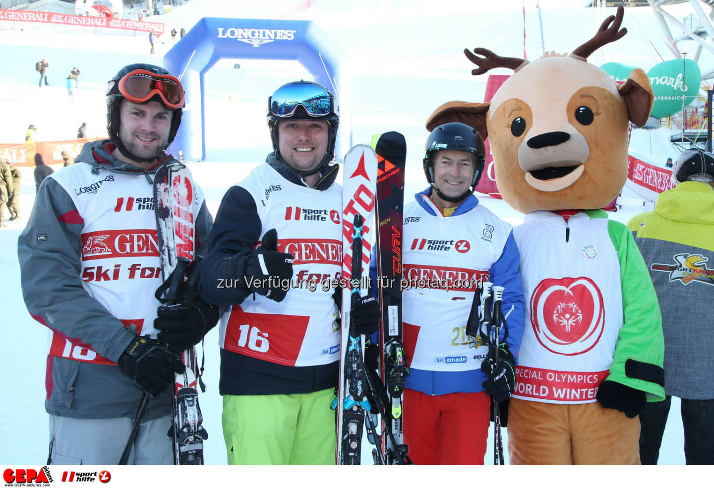 Ski for Gold Charity Race. Image shows Philipp Walcher, Mathias Schattleitner, Gottlieb Stocker and mascot Luis. Keywords: Special Olympics World Winter Games, SOWWG Austria 2017 preview. Photo: GEPA pictures/ Harald Steiner