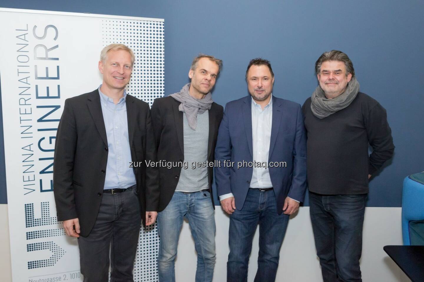 Johannes Pesendorfer (pumar), Andreas Machalek (pumar), Horst Lukaseder (Geschäftsführer VI-Engineers), Martin Mostböck - Vienna International Engineers: Immobilienentwickler VI-ENGINEERS feiert Jahresauftakt mit prominenten Gästen in neuem Office (Fotocredit: Vienna International Engineers/APA-Fotoservice/Buchacher)