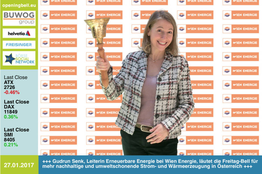 #openingbell am 27.1.: Gudrun Senk, Leiterin des Bereichs Erneuerbare Energie bei Wien Energie, läutet die Freitag-Bell für mehr nachhaltige und umweltschonende Strom- und Wärmeerzeugung in Österreich http://www.wienenergie.at https://www.facebook.com/groups/GeldanlageNetwork/ (27.01.2017) 