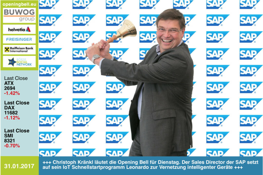 #openingbell am 31.1.: Christoph Kränkl läutet die Opening Bell für Dienstag. Der Sales Director der SAP setzt auf sein IoT Schnellstartprogramm Leonardo zur Vernetzung intelligenter Geräte http://www.sap.com/ https://www.facebook.com/groups/GeldanlageNetwork/ (31.01.2017) 